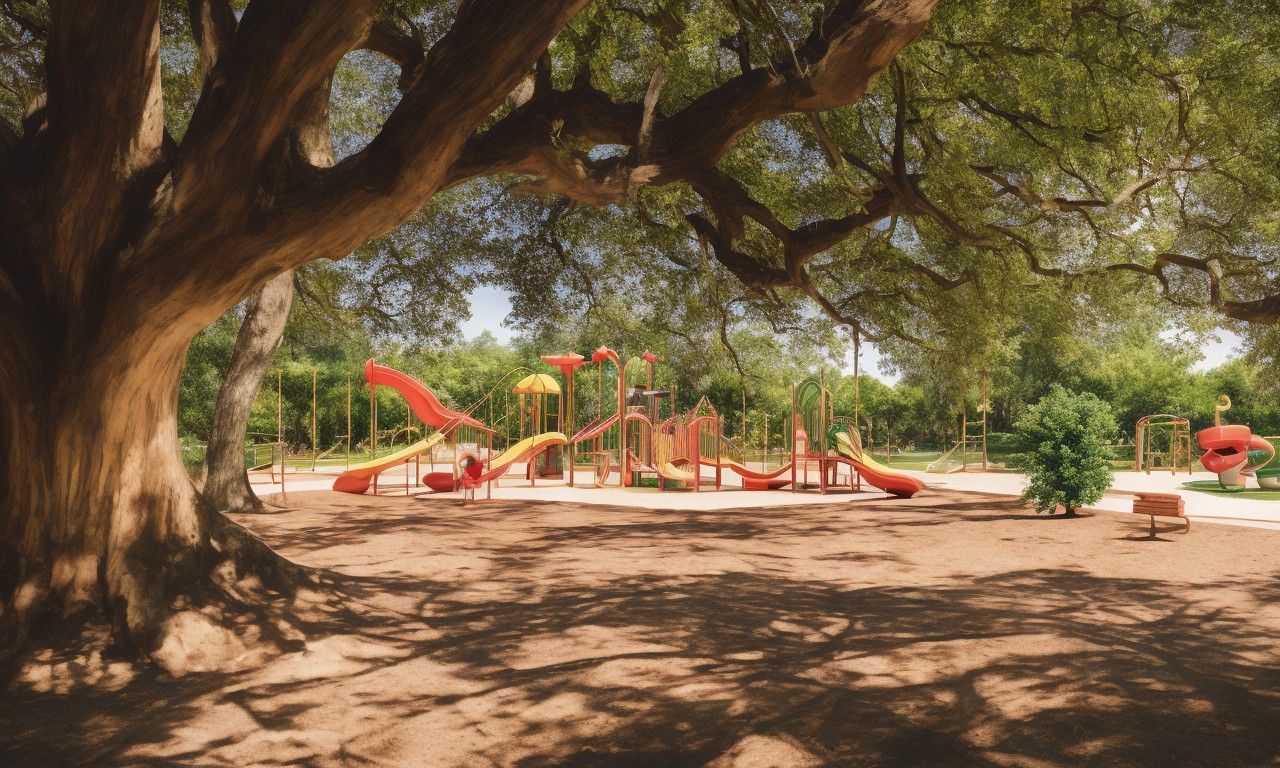 树荫中的儿童公园，远处有游乐设施